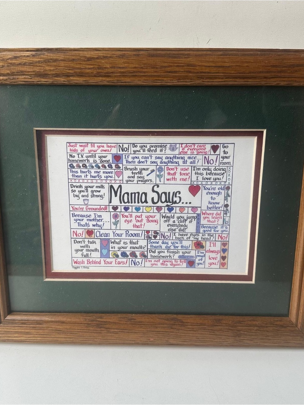 Vintage “Mama Says” Framed Wall Art Wood Frame Green Mat Family Quotes Decor